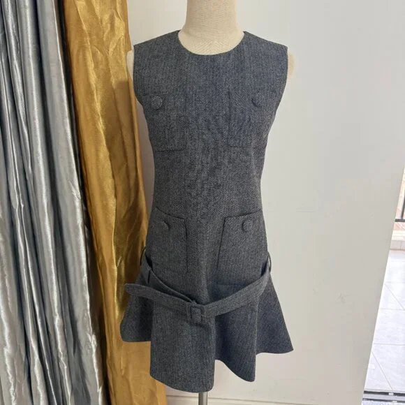 Self-Portrait Grey Herringbone Flared Mini Dress - Picture 2 of 11
